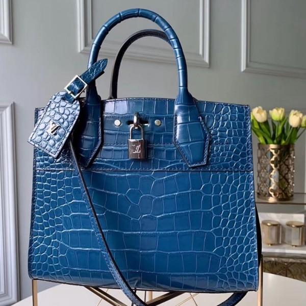 City Steamer Pm Top Handle Bag In Glossy Crocodile Leather N95169 Blue 2019 Collection